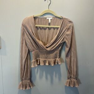 Leith Beige Long Sleeve Blouse with Ruffle Accents